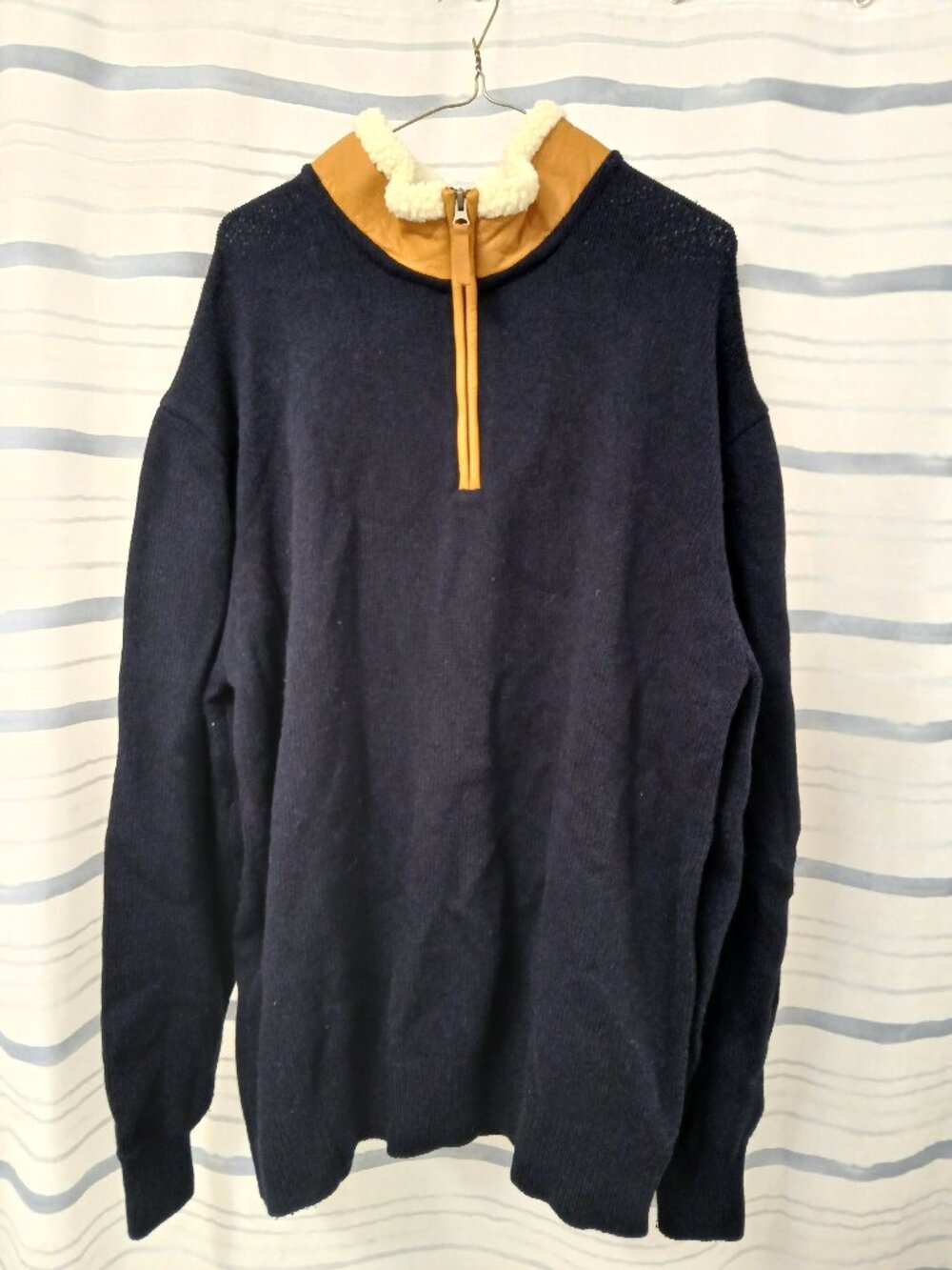 ORVIS men's 100% lambswool 1/4 zip sweater with leather and shepra collar sz XXL